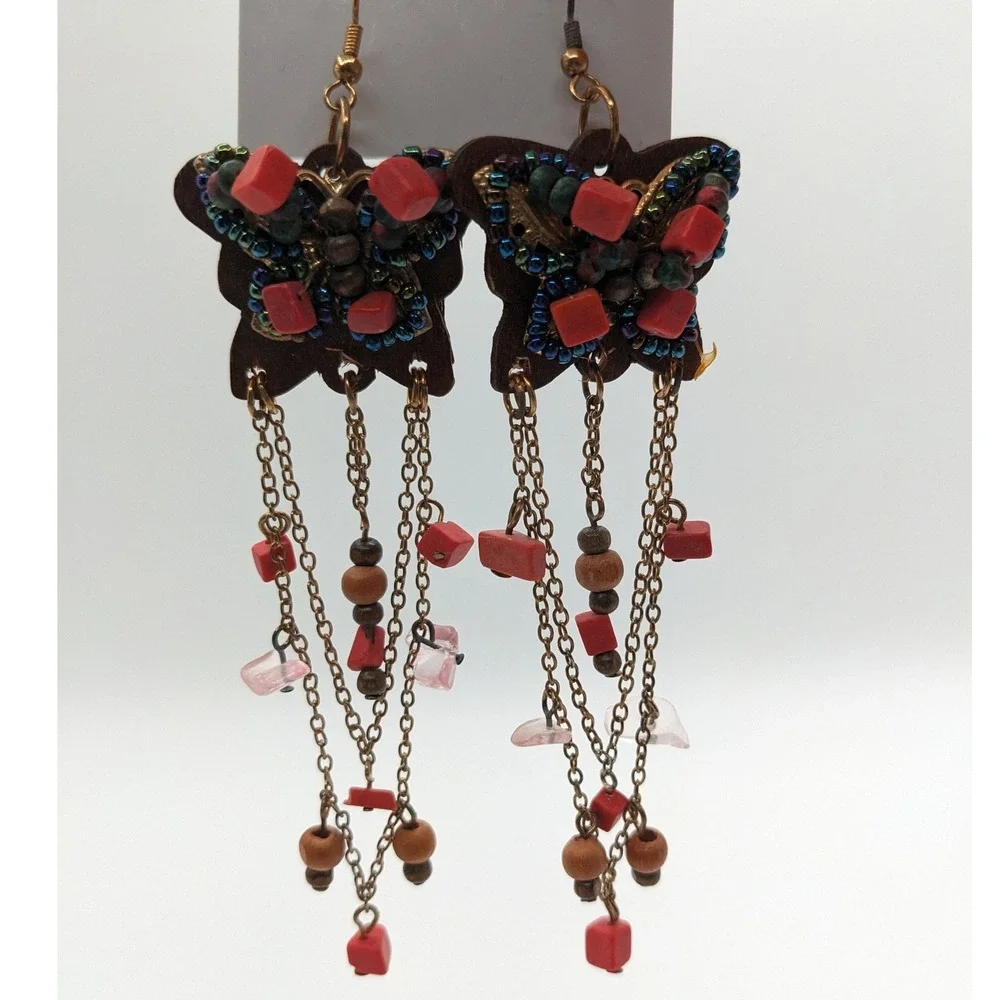 Bohemian Wood Butterfly Dangle Earrings Beaded Red‎ Bronze Tiered Chain 5
